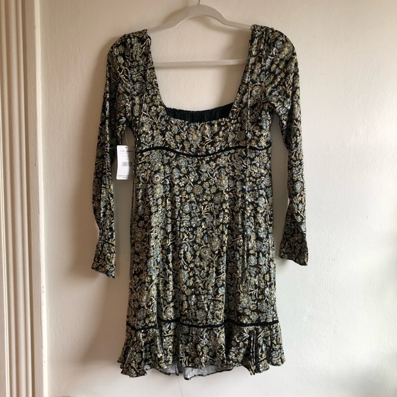 NWT Free People Boheme Black Floral Square Neckline Mini Dress - Picture 13 of 14